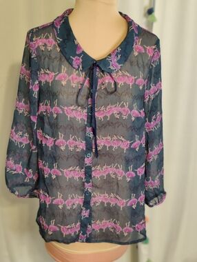 ModCloth sheer Navy full button Blouse bow tie Ballerina Ballet round collar M